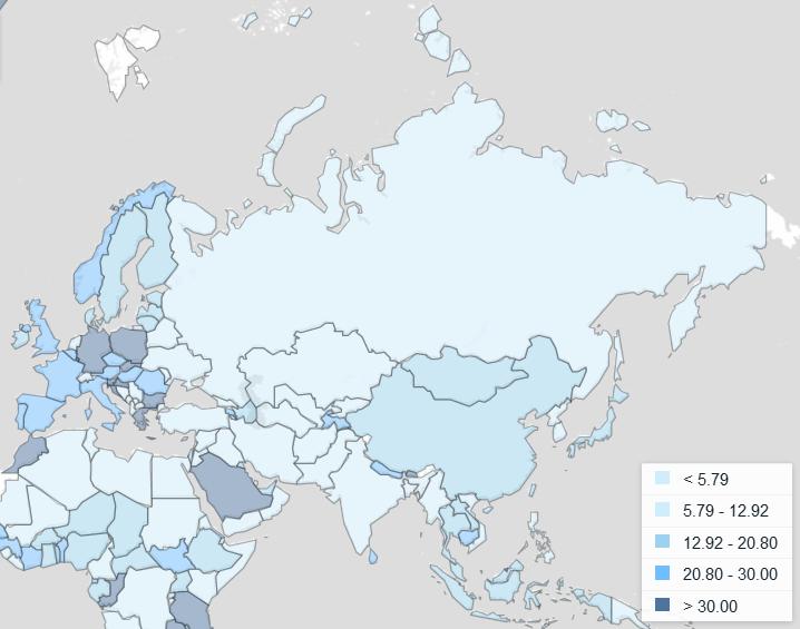 Доля площади территорий, взятых под охрану, в Евразии ($2014 г.$)